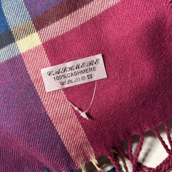 Cashmere Plaid Scarf Unisex with Fringe Purple Yellow Blue - Picture 3 of 6